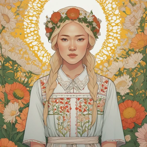 jessamine,girl in flowers,sun bride,flora,flower crown of christ,girl in a wreath,spring crown,flower girl,blooming wreath,digital illustration,portrait of christi,girl in the garden,flower crown,golden wreath,orange blossom,lily of the field,virgo,eglantine,boho art,wreath of flowers,Illustration,Japanese style,Japanese Style 15