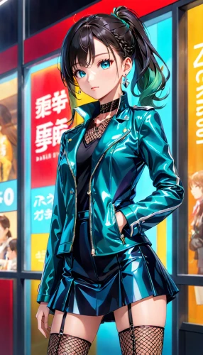 shibuya,kotobukiya,hatsune miku,mikuru asahina,nico,jacket,anime japanese clothing,cyan,shinjuku,persona,transparent background,cyber,miku,teal blue asia,harajuku,chainlink,anime 3d,officer,japanese idol,fashionable girl,Anime,Anime,Traditional