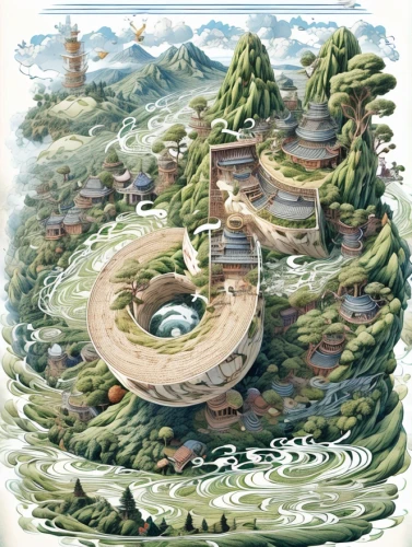 mountain spring,mountain settlement,mushroom island,round hut,hobbiton,floating island,floating islands,round house,fairy village,ginkaku-ji,artificial island,wishing well,mushroom landscape,fairy world,crescent spring,fantasy world,fairy tale castle,snow globe,winding steps,peter-pavel's fortress