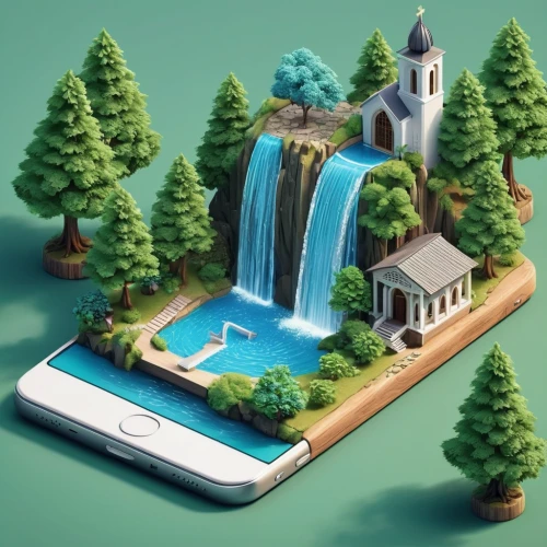 3d fantasy,virtual landscape,3d mockup,futuristic landscape,artificial islands,landscape background,waterfall,green waterfall,city fountain,waterfalls,a small waterfall,floating island,water fall,forest background,isometric,wooden mockup,fantasy landscape,island suspended,hydroelectricity,ios,Unique,3D,Isometric