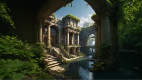 ancient city,fantasy landscape,water palace,imperial shores,ruins,oasis,atlantis,water castle,3d fantasy,hall of the fallen,fantasy picture,ruin,ancient buildings,underwater oasis,the ruins of the,myst,virtual landscape,druid grove,the ancient world,kadala