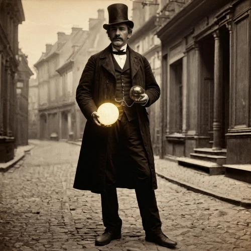 man holding gun and light,stovepipe hat,gas lamp,lamplighter,incandescent light bulb,incandescent lamp,bowler hat,xix century,the light bulb,sherlock holmes,bram stoker,the victorian era,magician,holmes,whitby goth weekend,juggling,watchmaker,gentlemanly,incidence of light,master lamp