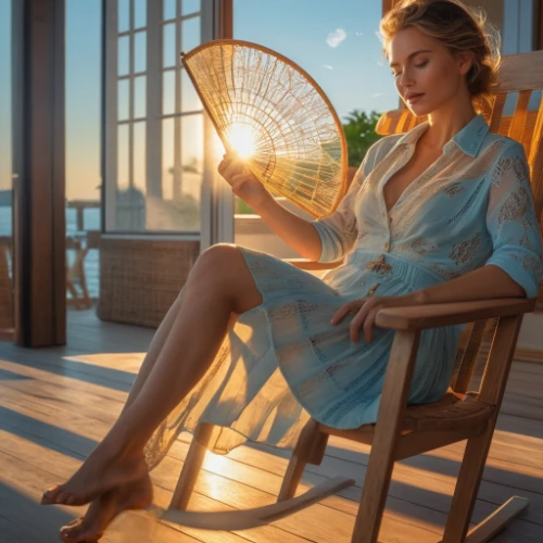 blonde woman reading a newspaper,deckchair,beach chair,relaxed young girl,summer evening,blonde sits and reads the newspaper,deck chair,helianthus sunbelievable,beach furniture,chair and umbrella,woman sitting,hanging chair,patio heater,relaxing reading,beach chairs,woman drinking coffee,yellow sun hat,patio furniture,cocktail dress,sunlounger