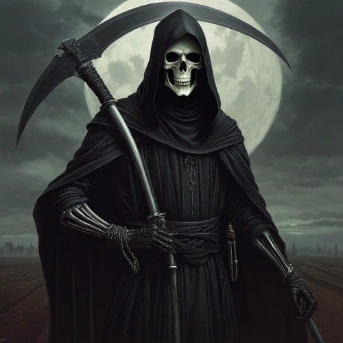grim reaper,grimm reaper,dance of death,reaper,scythe,death god,hooded man,death's-head,death head,skeleton key,angel of death,death's head,danse macabre,scull,grim,skeleltt,blackmetal,shinigami,black shepherd,skull bones,Illustration,Realistic Fantasy,Realistic Fantasy 07