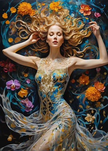 girl in flowers,falling flowers,gracefulness,flower fairy,flower painting,splendor of flowers,flower art,flower wall en,beautiful girl with flowers,sea of flowers,fallen petals,flowers fall,blanket of flowers,scattered flowers,boho art,flower nectar,wreath of flowers,dance with canvases,art painting,passion bloom,Illustration,Realistic Fantasy,Realistic Fantasy 39