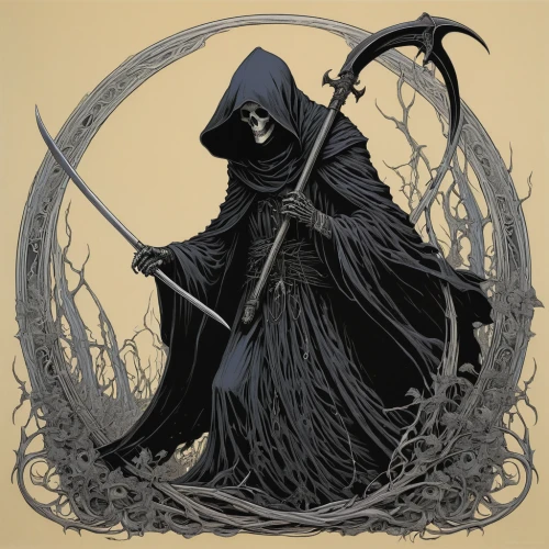 grimm reaper,grim reaper,scythe,dance of death,witch broom,reaper,the witch,death god,pall-bearer,angel of death,shinigami,witch's hat icon,witch,witch ban,hooded man,blackmetal,magus,undead warlock,witch house,broomstick,Illustration,Black and White,Black and White 01