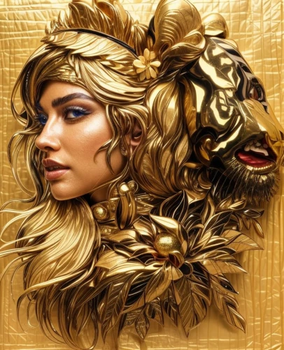 golden wreath,golden mask,gold mask,gold filigree,gold foil mermaid,gold foil art,golden dragon,golden crown,golden unicorn,zodiac sign leo,gold deer,zodiac sign gemini,gold crown,gold leaf,golden haired,gold foil crown,gold paint stroke,gold stucco frame,fantasy portrait,gold lacquer