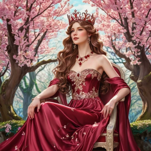 spring crown,fairy queen,celtic queen,scarlet witch,princess sofia,cinderella,regal,apple blossoms,fairy tale character,fantasy picture,fantasy portrait,queen crown,rusalka,bran,heart with crown,red gown,blossoming apple tree,katniss,queen anne,the cherry blossoms,Illustration,Retro,Retro 08