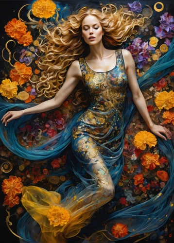 celtic woman,gold foil mermaid,golden flowers,fantasy art,girl in flowers,mermaid,golden wreath,the zodiac sign pisces,splendor of flowers,gold filigree,the blonde in the river,whirlpool,wreath of flowers,art painting,water nymph,fractals art,mystical portrait of a girl,mermaid background,oil painting on canvas,spring equinox,Illustration,Realistic Fantasy,Realistic Fantasy 39