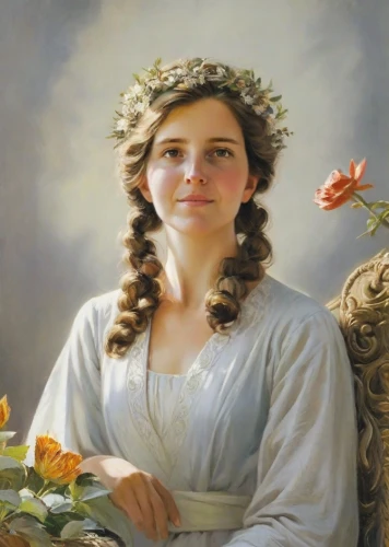 girl picking flowers,girl in a wreath,portrait of a girl,girl in flowers,girl with bread-and-butter,bouguereau,young woman,franz winterhalter,marguerite,milkmaid,girl with cereal bowl,young girl,woman holding pie,the prophet mary,mystical portrait of a girl,vintage female portrait,jessamine,girl with cloth,young lady,emile vernon