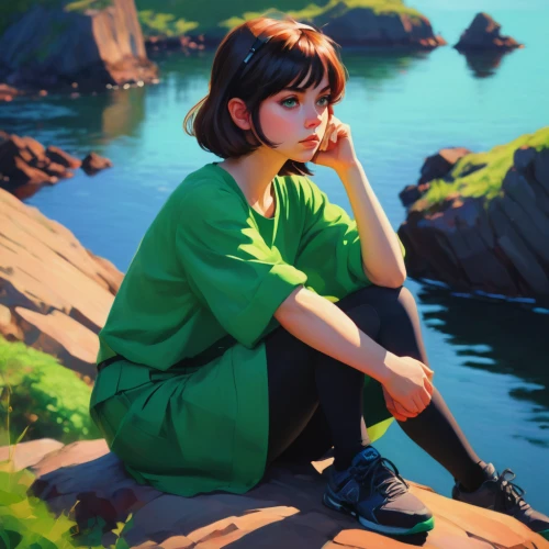 studio ghibli,study,emerald sea,emerald,girl on the river,digital painting,world digital painting,green summer,girl sitting,girl studying,chara,meteora,summer day,by the sea,illustrator,ocean,overlook,sea,artist color,girl portrait,Conceptual Art,Fantasy,Fantasy 19