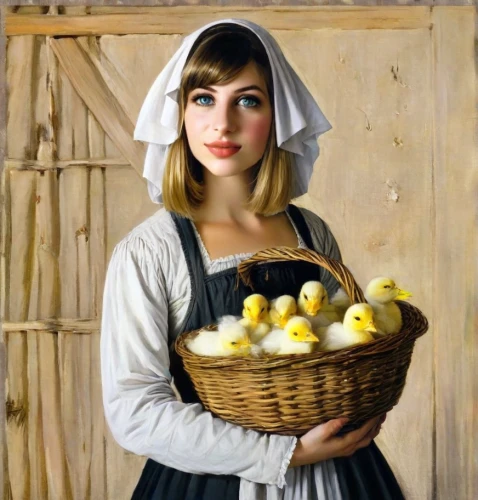 girl with bread-and-butter,milkmaid,david bates,bouguereau,woman holding pie,eggs in a basket,girl in the kitchen,breadbasket,oil painting,pilgrim,oil painting on canvas,girl in a historic way,woman with ice-cream,breton,duck females,vintage art,emile vernon,girl with cloth,girl in cloth,boiled eggs