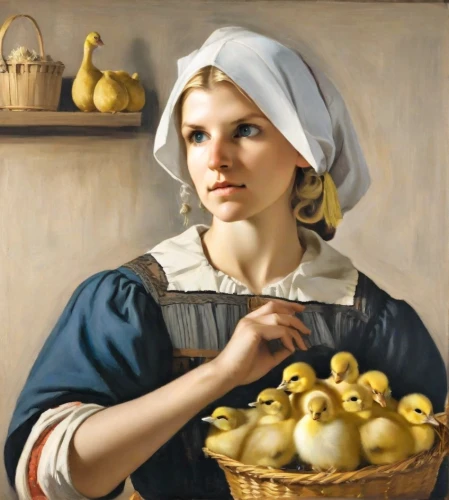 girl with bread-and-butter,woman holding pie,woman eating apple,girl in the kitchen,bouguereau,girl picking apples,duck females,female duck,girl with cereal bowl,milkmaid,woman with ice-cream,breadbasket,quail eggs,david bates,duckling,basket weaver,painting eggs,ducklings,bougereau,basket maker