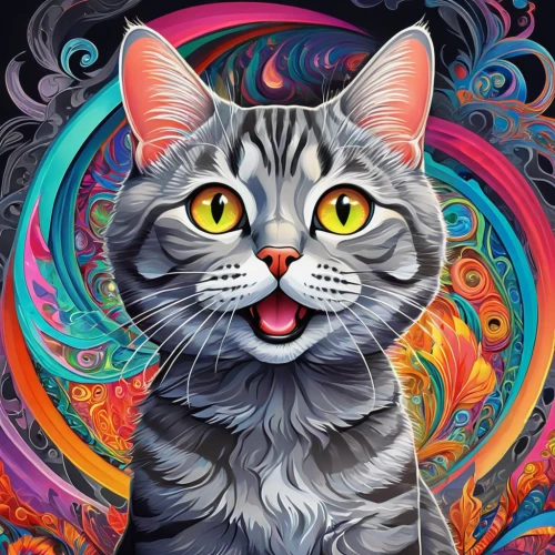cat vector,cartoon cat,psychedelic art,cat,feline,animal feline,cat portrait,cat image,colorful background,tabby cat,silver tabby,breed cat,puss,the cat,adobe illustrator,psychedelic,portrait background,drawing cat,meow,maincoon,Illustration,Realistic Fantasy,Realistic Fantasy 39