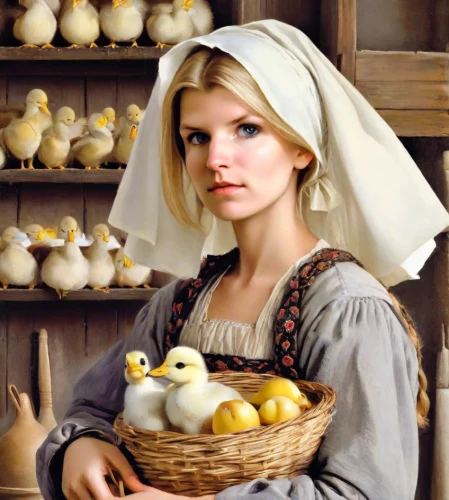 girl with bread-and-butter,pilgrim,milkmaid,bornholmer margeriten,breadbasket,quail eggs,eggs in a basket,bouguereau,woman holding pie,duckling,emile vernon,duck females,basket weaver,basket maker,ducklings,girl in a historic way,jessamine,girl in the kitchen,pilgrims,east-european shepherd