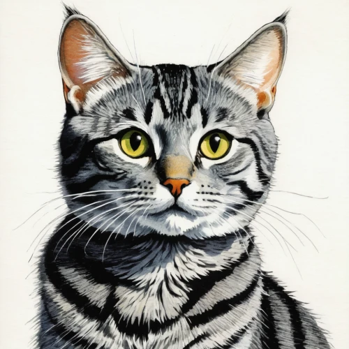 american shorthair,cat portrait,silver tabby,drawing cat,watercolor cat,pet portrait,tabby cat,egyptian mau,domestic short-haired cat,european shorthair,animal portrait,cat vector,cat drawings,gray cat,british shorthair,cartoon cat,gray kitty,breed cat,american wirehair,cat line art,Illustration,Black and White,Black and White 17
