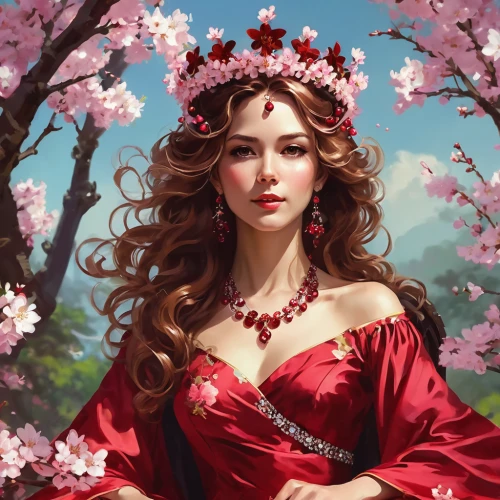 scarlet witch,red magnolia,cherry blossom,jasmine blossom,cherry blossoms,spring blossom,the cherry blossoms,apple blossoms,blossoming apple tree,cherry tree,spring crown,fantasy portrait,cherry flower,spring blossoms,red petals,blossoms,blossom,springtime background,plum blossoms,cherry blossom tree,Conceptual Art,Fantasy,Fantasy 06