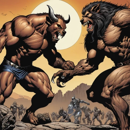 warrior and orc,werewolves,minotaur,striking combat sports,arm wrestling,battle,confrontation,heroic fantasy,beasts,gargoyles,duel,warriors,fight,wolverine,massively multiplayer online role-playing game,cordoba fighting dog,splitting maul,werewolf,wolfman,marvel comics,Illustration,American Style,American Style 04