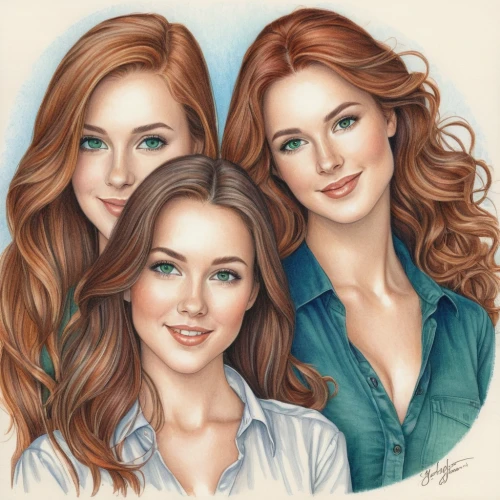 redheads,ginger family,mahogany family,celtic woman,trio,beautiful photo girls,custom portrait,color pencils,triplet lily,colour pencils,the three graces,coloured pencils,young women,pretty women,world digital painting,oil painting on canvas,mulberry family,photo painting,birch family,portrait background,Conceptual Art,Daily,Daily 17