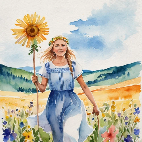 sunflower field,watercolor background,sunflower coloring,watercolor painting,sunflowers,watercolor,girl in flowers,watercolor paint,jessamine,flower painting,girl picking flowers,heidi country,watercolor blue,farm girl,sunflower,watercolor women accessory,countrygirl,woodland sunflower,girl in overalls,sun flowers,Illustration,Paper based,Paper Based 25