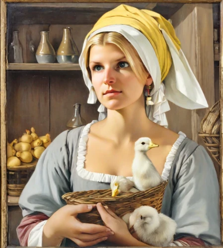 girl with bread-and-butter,woman holding pie,milkmaid,portrait of a hen,araucana,gallinacé,pullet,domestic bird,bornholmer margeriten,girl in the kitchen,poultry,domestic chicken,bouguereau,foie gras,white pigeon,cockerel,turtledove,emile vernon,dove of peace,woman with ice-cream
