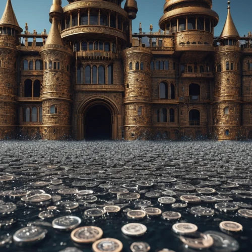 gold castle,castle iron market,castles,coins stacks,fairy tale castle,water castle,coins,treasure house,castle,fairytale castle,press castle,castle of the corvin,knight's castle,3d render,tokens,jewelry（architecture）,fantasy city,europe palace,render,cinema 4d,Photography,General,Sci-Fi