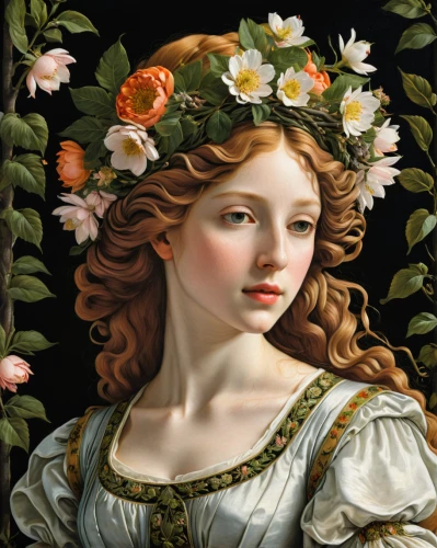 girl in flowers,girl in a wreath,botticelli,girl in the garden,girl picking flowers,flora,floral wreath,portrait of a girl,wreath of flowers,flower girl,beautiful girl with flowers,marguerite,jessamine,blooming wreath,flower crown of christ,rose wreath,david bates,spring crown,flower crown,young girl,Art,Classical Oil Painting,Classical Oil Painting 25