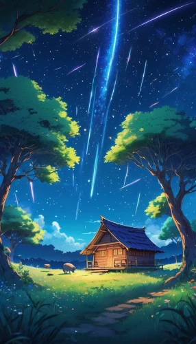 starry sky,meteor shower,moon and star background,starry night,landscape background,cartoon video game background,star wood,backgrounds,star winds,shooting stars,tobacco the last starry sky,background screen,starscape,studio ghibli,perseids,shooting star,star sky,fireflies,cg artwork,night stars,Illustration,Japanese style,Japanese Style 03
