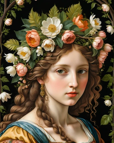 girl in a wreath,rose wreath,floral wreath,wreath of flowers,girl in flowers,botticelli,blooming wreath,laurel wreath,flora,flower wreath,jessamine,floral garland,beautiful girl with flowers,floral ornament,flower crown of christ,rose flower illustration,aphrodite,rosebushes,emile vernon,flower garland,Art,Classical Oil Painting,Classical Oil Painting 19