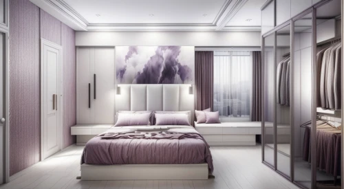 the purple-and-white,modern room,canopy bed,sleeping room,white with purple,room divider,light purple,3d rendering,bedroom,boutique hotel,beauty room,luxury home interior,interior design,luxury hotel,room newborn,interior decoration,purple-white,walk-in closet,interior modern design,guest room
