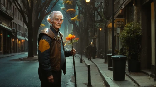 man with umbrella,elderly man,photo manipulation,holding flowers,photoshop manipulation,yellow rose background,photomanipulation,pensioner,digital compositing,conceptual photography,flower delivery,david-lily,man with saxophone,flower background,romantic portrait,elderly person,florist,old age,marigolds,image manipulation