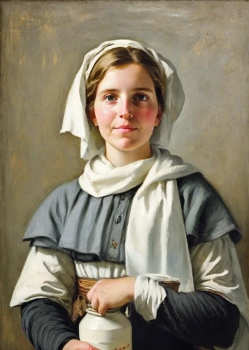 girl with cereal bowl,girl with bread-and-butter,girl with cloth,woman holding pie,woman with ice-cream,woman drinking coffee,milkmaid,portrait of a girl,girl in cloth,female nurse,girl in the kitchen,young woman,nurse uniform,young girl,girl with dog,milk pitcher,portrait of a woman,girl with a wheel,bouguereau,child portrait