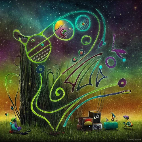 constellation lyre,planets,astronomy,alien planet,psychedelic art,sci fiction illustration,astronomer,abstract cartoon art,alien world,space art,music notes,fantasy art,fantasy picture,planet eart,scene cosmic,imagination,extraterrestrial life,world digital painting,musicians,violinist violinist of the moon,Illustration,Abstract Fantasy,Abstract Fantasy 01