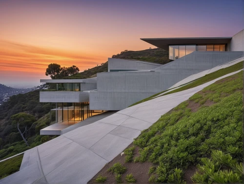 dunes house,modern architecture,modern house,hillsides,roof landscape,house in the mountains,exposed concrete,house in mountains,hillside,futuristic architecture,mountainside,cube house,the hills,archidaily,dune ridge,beautiful home,residential,landscaping,grass roof,luxury home,Photography,General,Realistic