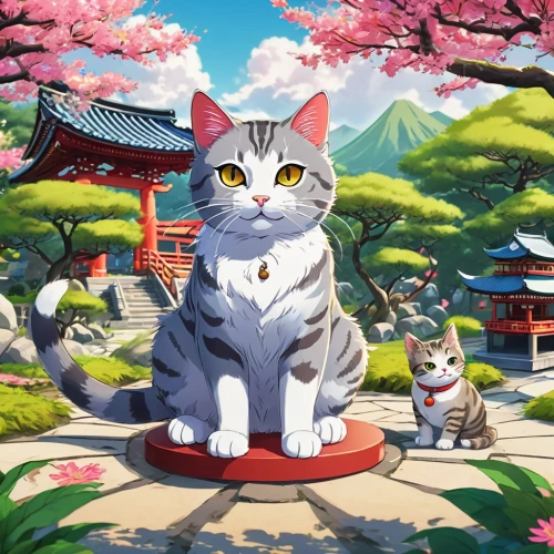 chinese pastoral cat,japanese sakura background,japanese bobtail,sakura background,japanese icons,japanese background,calico cat,game illustration,japanese shrine,japanese art,oriental painting,cute cat,cartoon cat,two cats,tea party cat,cat family,goki,blossom kitten,lucky cat,cat's cafe,Illustration,Japanese style,Japanese Style 03