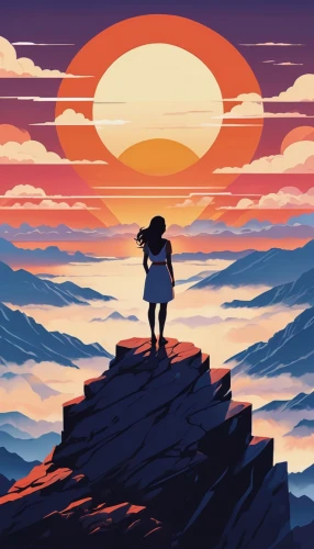 travel poster,mountain sunrise,sunset,girl on the dune,earth rise,silhouette art,the horizon,dusk background,woman silhouette,digital illustration,rising sun,the sun has set,namib,free land-rose,desert background,rosa ' amber cover,sun,would a background,dawn,wanderer,Illustration,Japanese style,Japanese Style 06