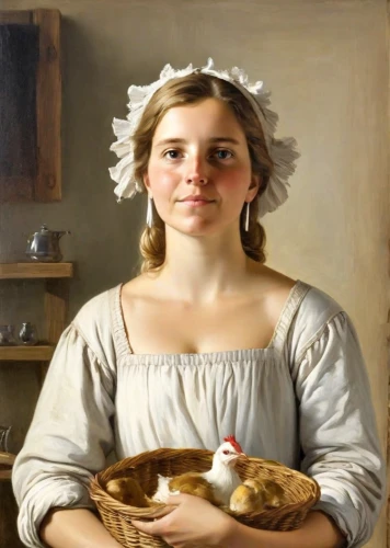 woman holding pie,girl with bread-and-butter,girl with cereal bowl,girl in the kitchen,milkmaid,portrait of a hen,woman eating apple,woman with ice-cream,domestic chicken,girl with cloth,domestic bird,girl in a historic way,portrait of a girl,bougereau,young woman,cockerel,partridge,girl with dog,the girl's face,woman drinking coffee