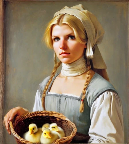 girl with bread-and-butter,woman holding pie,girl in the kitchen,duck females,milkmaid,girl with cereal bowl,woman with ice-cream,bouguereau,duckling,female duck,young girl,oil painting,bougereau,ducklings,girl with cloth,young woman,bornholmer margeriten,portrait of a girl,quail eggs,oil painting on canvas