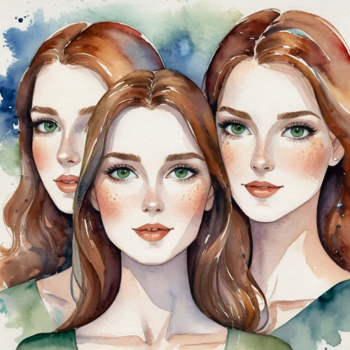 watercolor women accessory,trio,four seasons,celtic woman,watercolor painting,watercolor,three flowers,watercolors,watercolor background,redheads,watercolor paint,triplet lily,the three graces,sirens,young women,custom portrait,women's eyes,gemini,porcelain dolls,fashion illustration,Illustration,Paper based,Paper Based 25