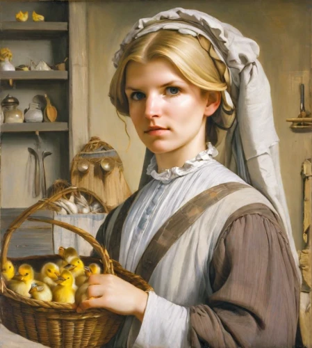 girl with bread-and-butter,milkmaid,woman holding pie,girl in the kitchen,girl picking apples,girl with cereal bowl,woman with ice-cream,painting eggs,female worker,basket weaver,quail eggs,david bates,basket maker,eggs in a basket,duck females,salesgirl,breadbasket,girl in a historic way,woman eating apple,bakery