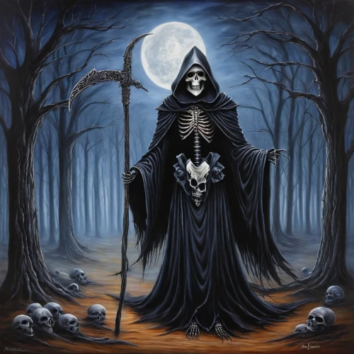 grimm reaper,dance of death,grim reaper,death god,reaper,angel of death,danse macabre,death's-head,blackmetal,scull,pall-bearer,dark art,hooded man,death head,death angel,scythe,death's head,memento mori,vanitas,skull allover,Illustration,Abstract Fantasy,Abstract Fantasy 14