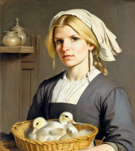girl with bread-and-butter,woman holding pie,milkmaid,girl with cereal bowl,girl in the kitchen,domestic bird,girl with cloth,bouguereau,duck females,female duck,basket weaver,laundress,young woman,portrait of a hen,blonde woman reading a newspaper,breadbasket,bougereau,pilgrim,cleaning woman,dove