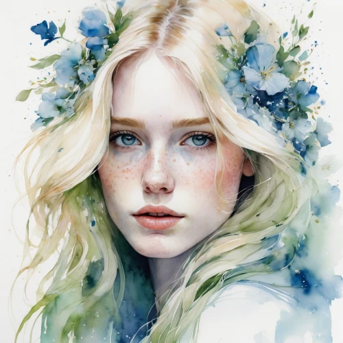 watercolor blue,girl in flowers,faery,forget-me-not,flower fairy,faerie,forget me not,forget-me-nots,watercolor floral background,jessamine,mystical portrait of a girl,watercolor paint,watercolor painting,forget me nots,white rose snow queen,fantasy portrait,watercolor,flora,flower painting,hydrangea,Illustration,Paper based,Paper Based 20