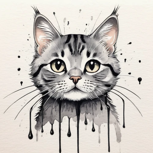 watercolor cat,drawing cat,cat vector,cat portrait,gray kitty,tabby cat,gray cat,cat drawings,cartoon cat,silver tabby,cat cartoon,cat line art,whiskered,doodle cat,pet portrait,animal portrait,vector illustration,adobe illustrator,feline,line art animal,Illustration,Black and White,Black and White 34