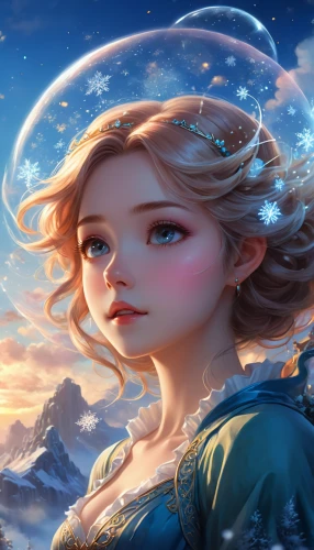 the snow queen,elsa,mermaid background,fantasy portrait,aurora,faery,mystical portrait of a girl,little girl fairy,fairy tale character,fae,fantasy picture,frozen,little girl in wind,show off aurora,fairies aloft,fantasy art,frozen bubble,fairy world,faerie,princess anna,Illustration,Realistic Fantasy,Realistic Fantasy 01