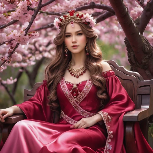 oriental princess,spring crown,princess sofia,the cherry blossoms,japanese flowering crabapple,heart with crown,plum blossoms,fairy tale character,fairy queen,apple blossoms,cherry blossom,scarlet witch,japanese sakura background,hanbok,cherry blossoms,dongfang meiren,noble roses,princess crown,sakura blossom,plum blossom,Conceptual Art,Fantasy,Fantasy 03