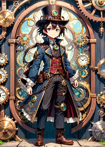 steampunk,clockmaker,hatter,pirate,steampunk gears,admiral von tromp,pirate treasure,akko,watchmaker,galleon,admiral,key-hole captain,portrait background,pirates,ringmaster,brown sailor,naval officer,caravel,merlin,adventurer,Anime,Anime,Traditional