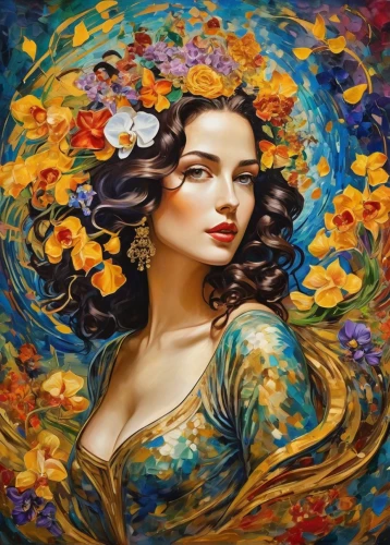 girl in flowers,beautiful girl with flowers,oil painting on canvas,flower painting,art painting,boho art,splendor of flowers,oil painting,jasmine blossom,girl in a wreath,fantasy art,flower art,flora,mystical portrait of a girl,italian painter,romantic portrait,fantasy portrait,a beautiful jasmine,golden flowers,magnolia,Illustration,Realistic Fantasy,Realistic Fantasy 39