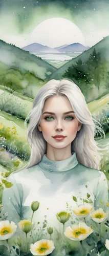 the blonde in the river,eglantine,lilly of the valley,white water lilies,mayweed,landscape background,dahlia white-green,portrait background,world digital painting,white rose snow queen,springtime background,star magnolia,fantasy portrait,mirror in the meadow,spring background,sci fiction illustration,image manipulation,poppy seed,white water lily,fantasy picture,Conceptual Art,Fantasy,Fantasy 16