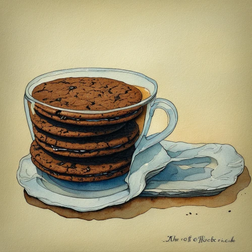 coffee watercolor,stack of cookies,cookie jar,coffee tea illustration,chocolate chips,malted milk,chocolate chip cookie,lebkuchen,chocolate chip,welsh cake,still life with jam and pancakes,chocolate spread,florentine biscuit,speculoos,cup of cocoa,cookies,coffee and cake,dutch coffee,biscotti,hotcakes,Illustration,Paper based,Paper Based 29